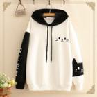 Cat Embroidered Color-block Hoodie