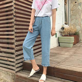 Ruffle Trim Elastic Waist Wide Leg Cropped Jeans