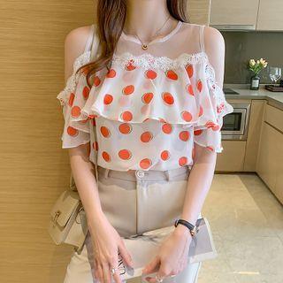 Short-sleeve Dot Print Cold-shoulder Blouse