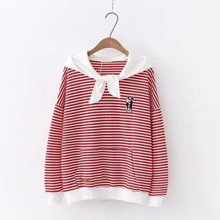 Cat Embroidered Striped Hoodie