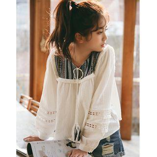 Long-sleeve Patterned Panel Tunic White - One Size