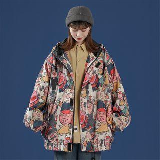 Pig Print Hooded Zip-up Jacket