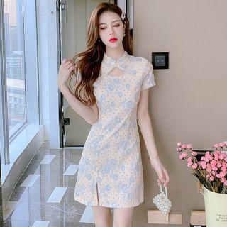 Short-sleeve Flower Printed Side-slit Qipao Dress