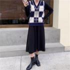 Plaid Knit Vest + Long-sleeve Plain Knit Dress