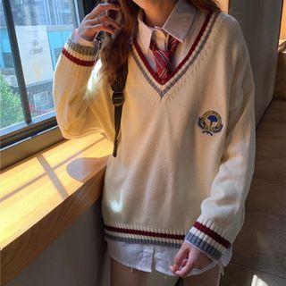 Embroidered V-neck Sweater As Shown In Figure - One Size