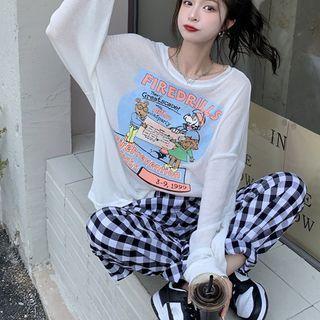 Long-sleeve Print T-shirt / Plaid Harem Pants