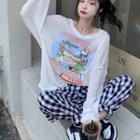 Long-sleeve Print T-shirt / Plaid Harem Pants