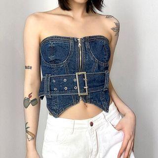 Strapless Zip-up Denim Crop Top