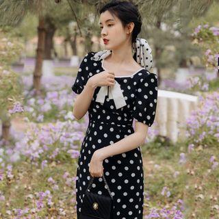 Dotted Short-sleeve Slit-back Midi Sheath Dress