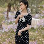 Dotted Short-sleeve Slit-back Midi Sheath Dress