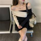 Long-sleeve Off-shoulder Two-tone Knit Mini Bodycon Dress Black - One Size