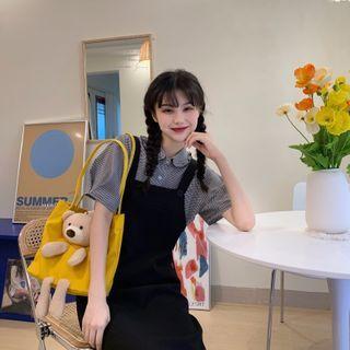 Peter Pan Collar Plaid Shirt + Overall Dress
