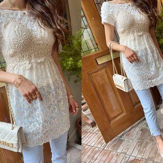Tie-shoulder Lace-panel Crochet Top Light Beige - One Size