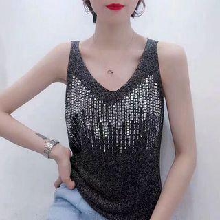 Rhinestone V-neck Knit Tank Top