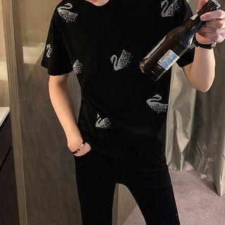 Rhinestone Swan Print Short-sleeve T-shirt