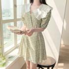 Lace-frilled Collar Shirred Floral Dress