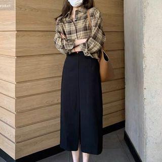 Plaid Shirt / Front-slit Midi Pencil Skirt