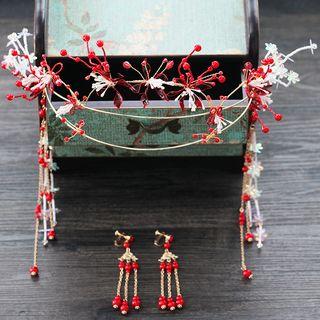 Wedding Set: Flower Fringed Headpiece + Fringed Earring Set Of 1as Shown In Figure - One Size