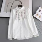 Bow-neck Flower Embroidered Blouse White - One Size
