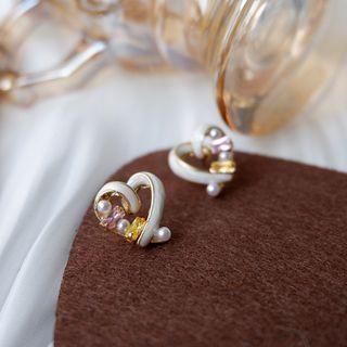 Faux Pearl Alloy Heart Earring 1 Pair - Silver - One Size