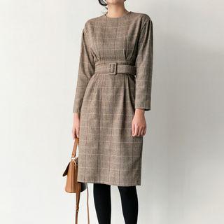 Pintuck-trim Checked Dress With Belt