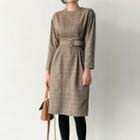 Pintuck-trim Checked Dress With Belt