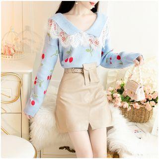 Cherry Print Lace Trim Sweater / Faux Leather Mini A-line Skirt / Set