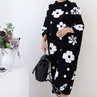 Mock-neck Pattern Wool Blend Knit Dress Black - One Size