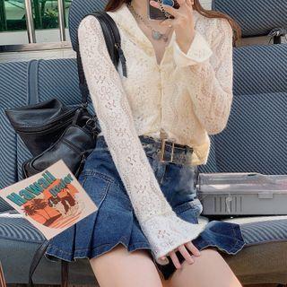 Lace Shirt / Mini A-line Denim Skirt