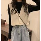 Long-sleeve Mock Neck Plain Top / Knit Vest