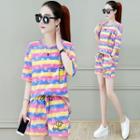 Set: Elbow-sleeve Striped Flower Print T-shirt + Shorts