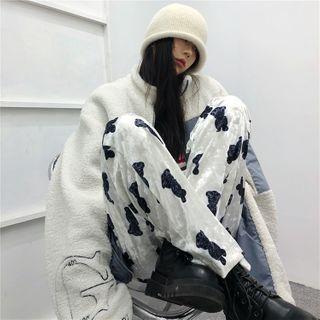 Bear Print Wide Leg Velvet Pants