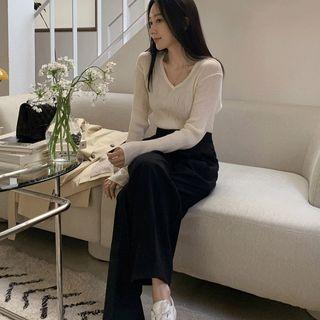 V-neck Ribbed Knit Top Ivory - One Size