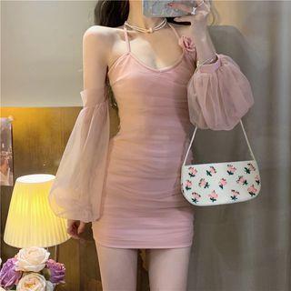Spaghetti Strap Flower Mini Sheath Dress