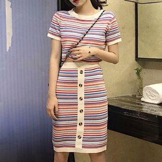 Set: Striped Short-sleeve Cropped Top + Striped Buttoned Pencil Skirt Set - Stripes - Multicolor - One Size