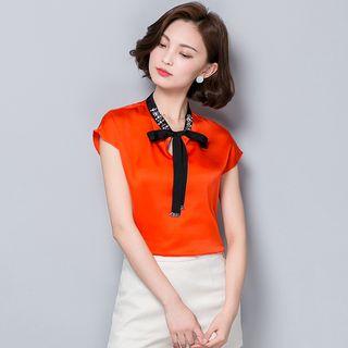 Embellished Cap Sleeve Tie Neck Chiffon Blouse