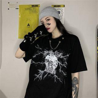 Chain-accent Printed Short-sleeve Round Neck T-shirt Black - One Size