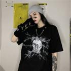 Chain-accent Printed Short-sleeve Round Neck T-shirt Black - One Size