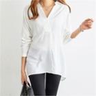 Collared Long-sleeve Open-placket Long Top
