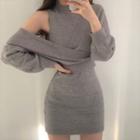 Set: Long-sleeve Knit V-neck Crop Top + Sleeveless Knit Mini Bodycon Dress
