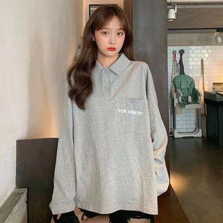 Letter Embroidered Long-sleeve Oversize Polo Shirt