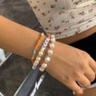 Set Of 3: Lettering / Bead / Faux Pearl Bracelet (various Designs) 2553 - Orange & White - One Size