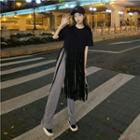 Short-sleeve Fringe T-shirt / Houndstooth Wide-leg Pants
