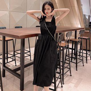 Plain Sleeveless Square-neck Midi A-line Dress