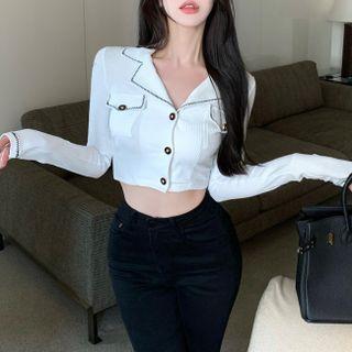 V-neck Notch Lapel Long-sleeve Cropped Top