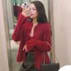 Set: Cropped Knit Camisole Top + Ribbed Cardigan Camisole Top - Wine Red - One Size / Cardigan - Wine Red - One Size