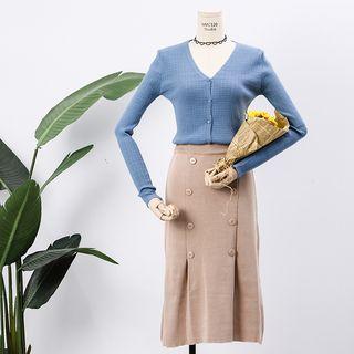 Set: Knit Top + High-waist Double-breasted Midi Skirt