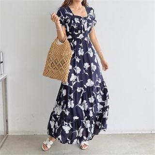 Beribboned Shirred Floral Maxi Dress