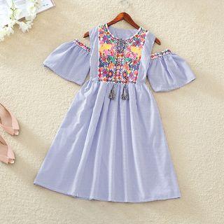 Embroidered Striped Cut Out Shoulder Short Sleeve Dress
