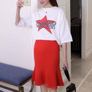 Set: Star Print Elbow Sleeve T-shirt + Plain Ruffle Hem Midi Skirt